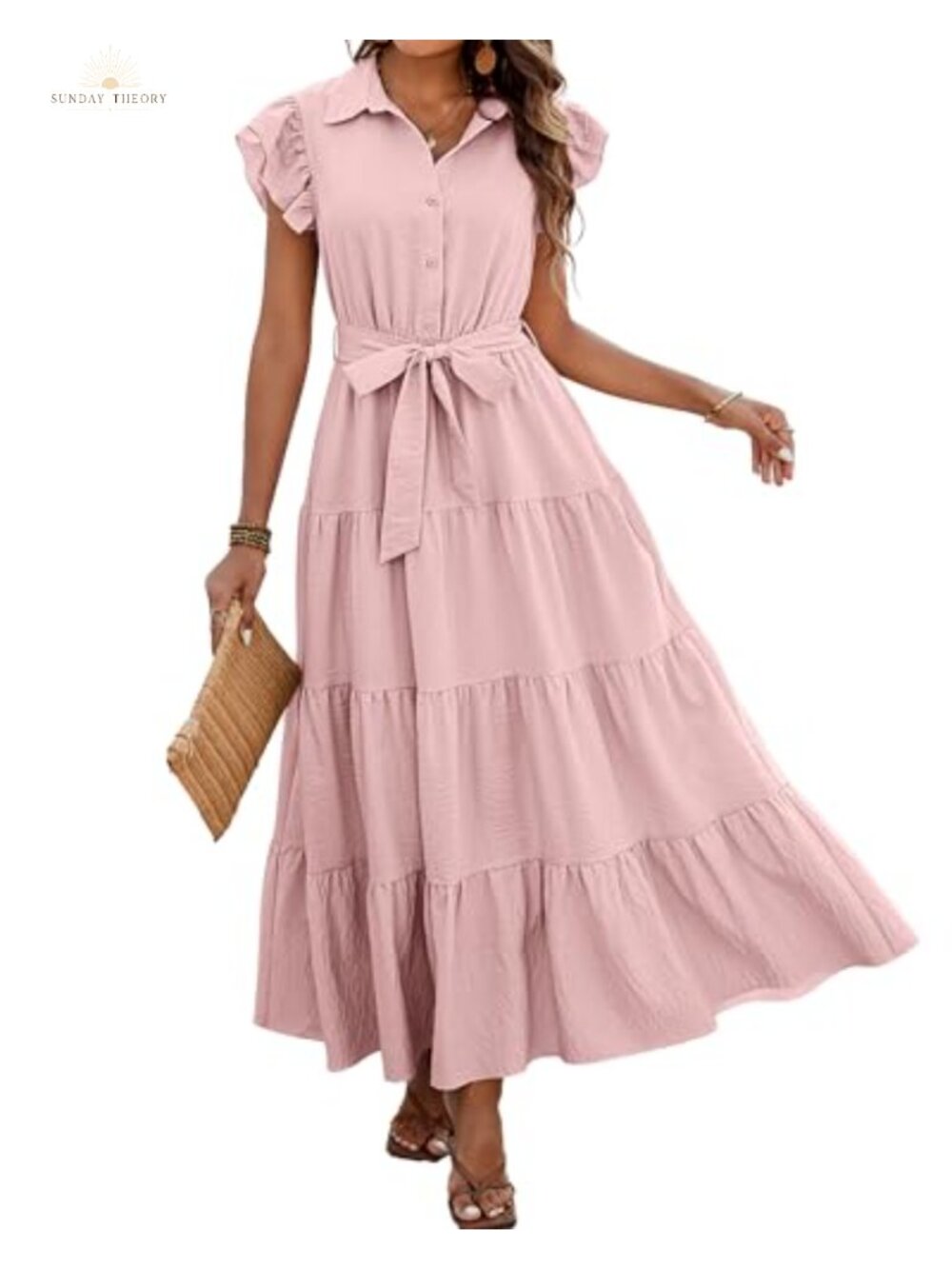 Boho Maxi Dress with Ruffle Sleeves, Belted, Pockets, Flowy